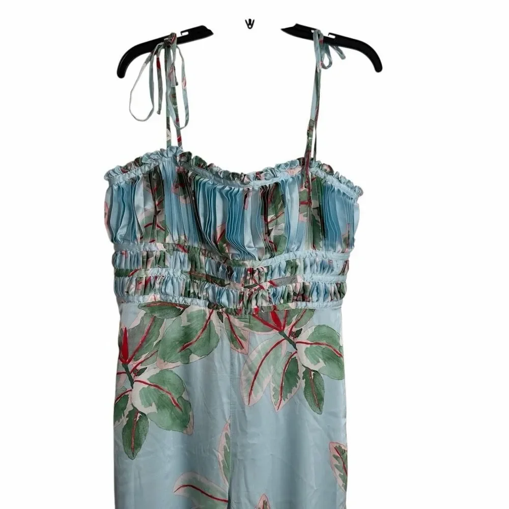 Anthropologie Hutch Ruched Satin Floral Wide Leg Jumpsuit Size 8